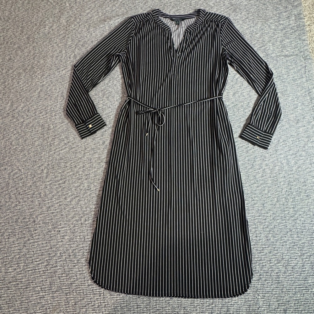 Lauren Ralph Lauren Black White Striped V-Neck Midi Dress Long Sleeve Belted L
